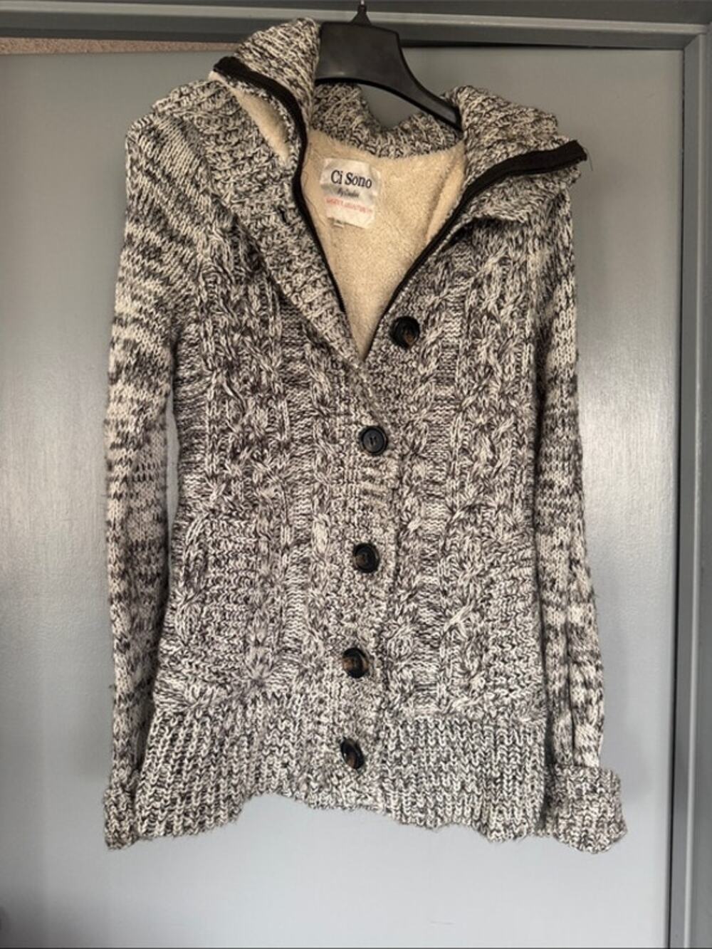 Ci Sono by Cavalini Heavy Cable Knit Lined Zip Button Cardigan Sweater Hood XL